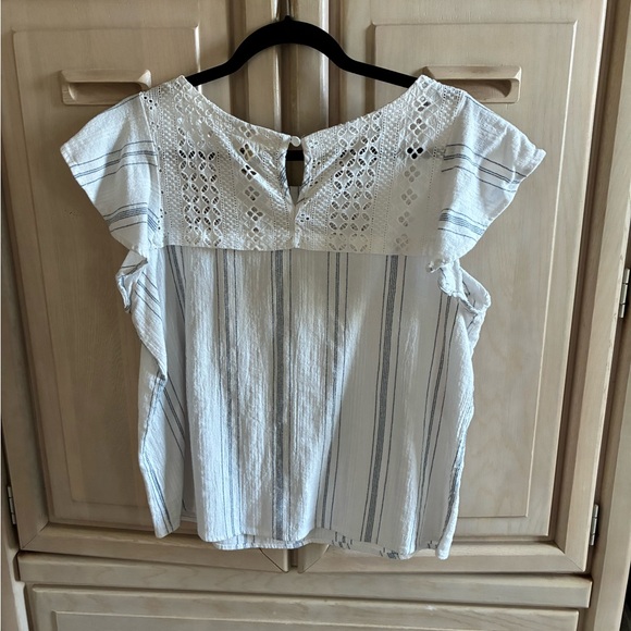 Lily White Cream and Light Blue Eyelet Yoke Striped Blouse - Picture 2 of 8